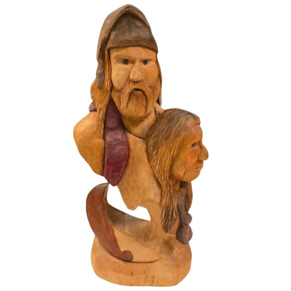 Carved Sculpture Of Two Faces  Viking  Native American Signed Art Handmade - Picture 12 of 16